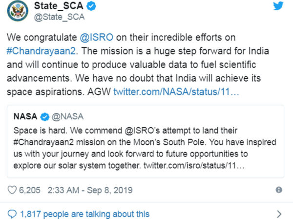 US Says Chandrayaan 2 Mission “A Huge Step Forward For India”