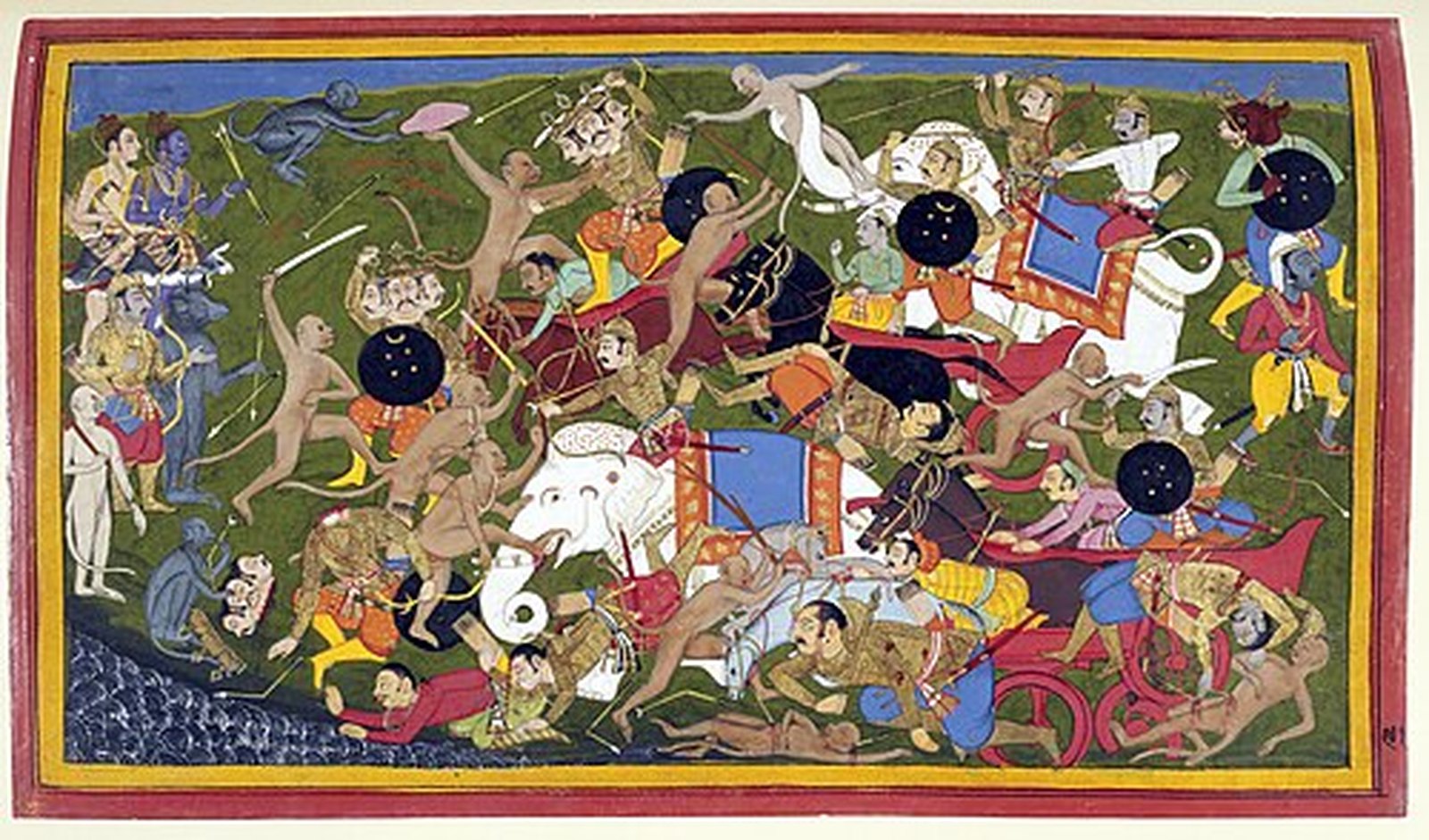 Battle at Lanka, Mewar Ramayana miniature painted in Udaipur 1649-53