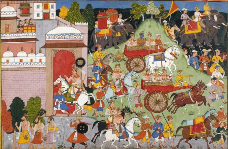 17th-century Mewar Ramayana miniature painting of a royal wedding procession