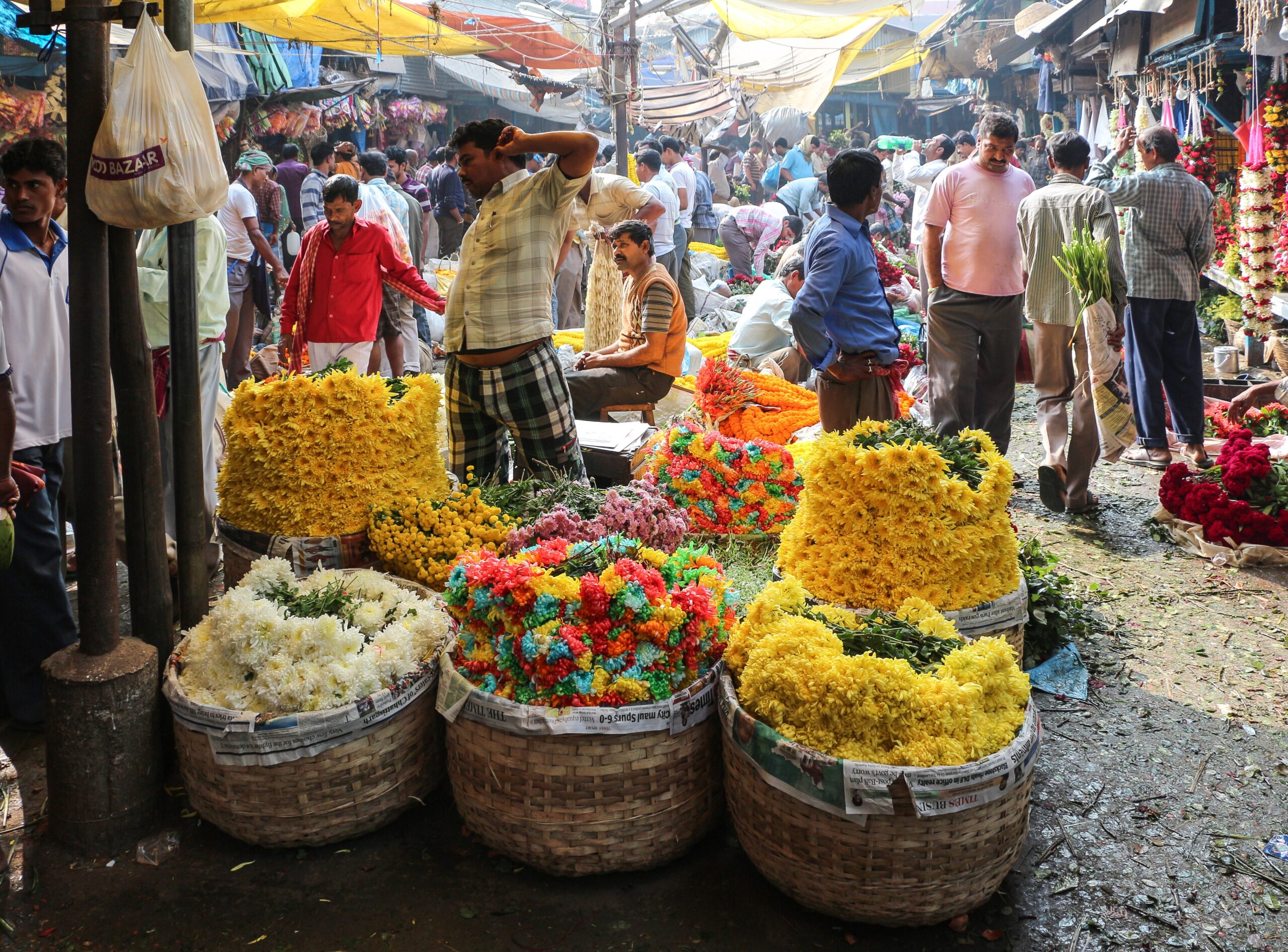 Heaps of marigold garlands at Mullick Ghat Flower Market