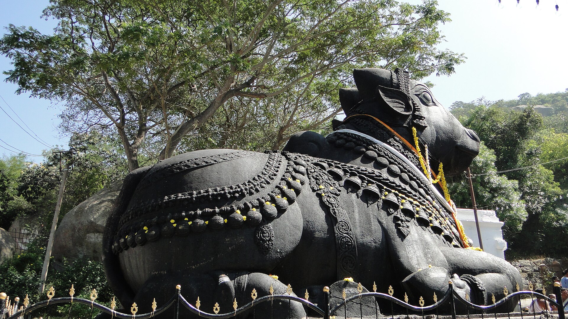 The monolithic black stone Nandi bull on the steps of Chamundi Hills, Mysuru