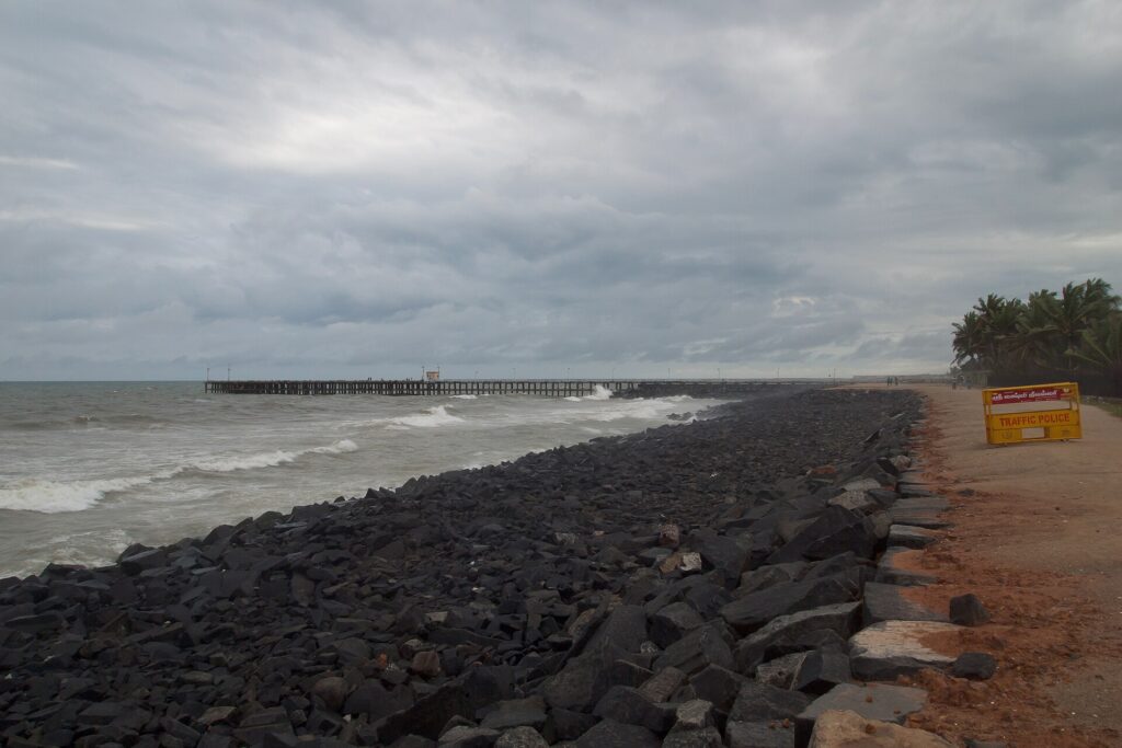 The rocky seafront of Promenade Beach in Pondicherry on the Bay of Bengal