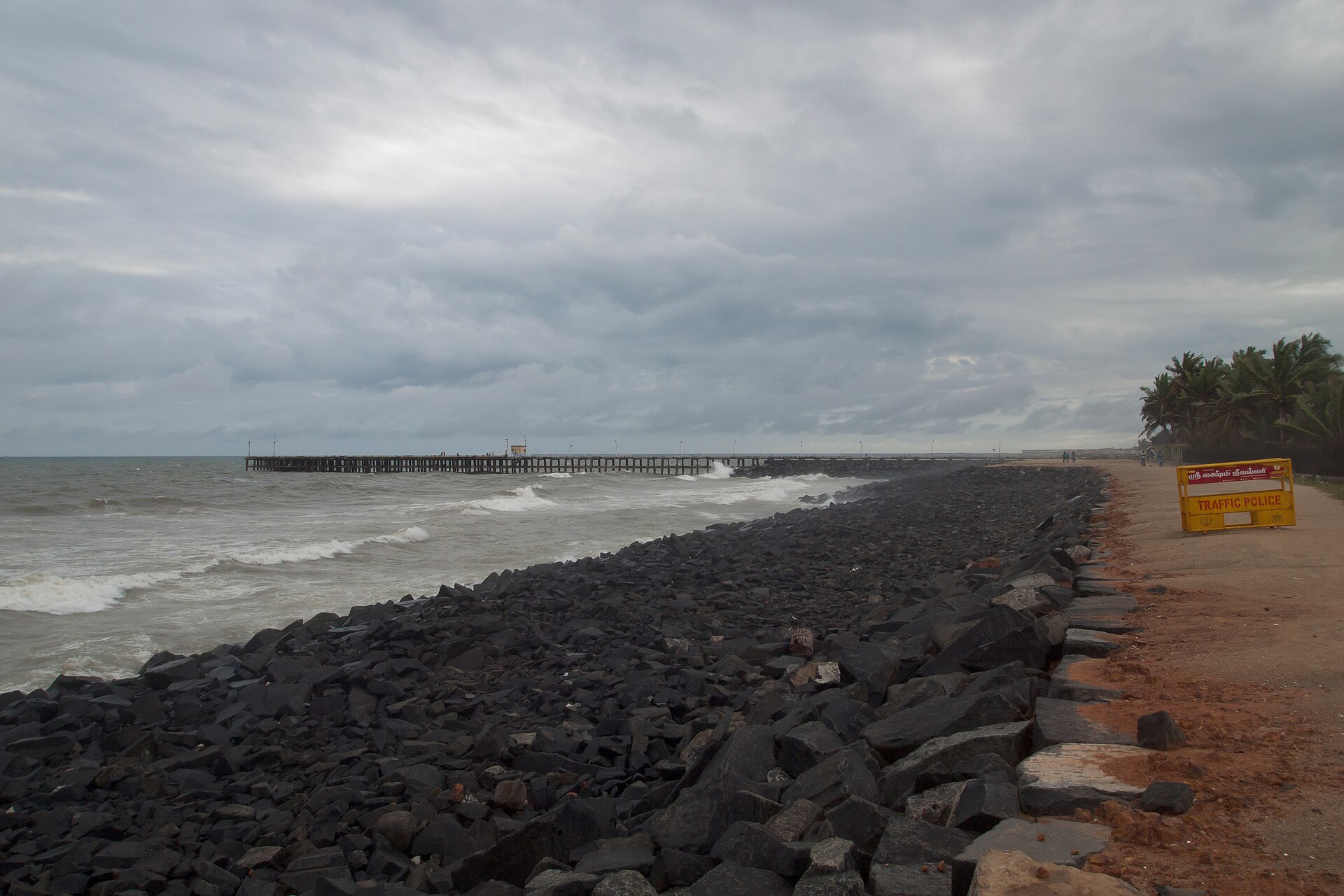 The rocky seafront of Promenade Beach in Pondicherry on the Bay of Bengal