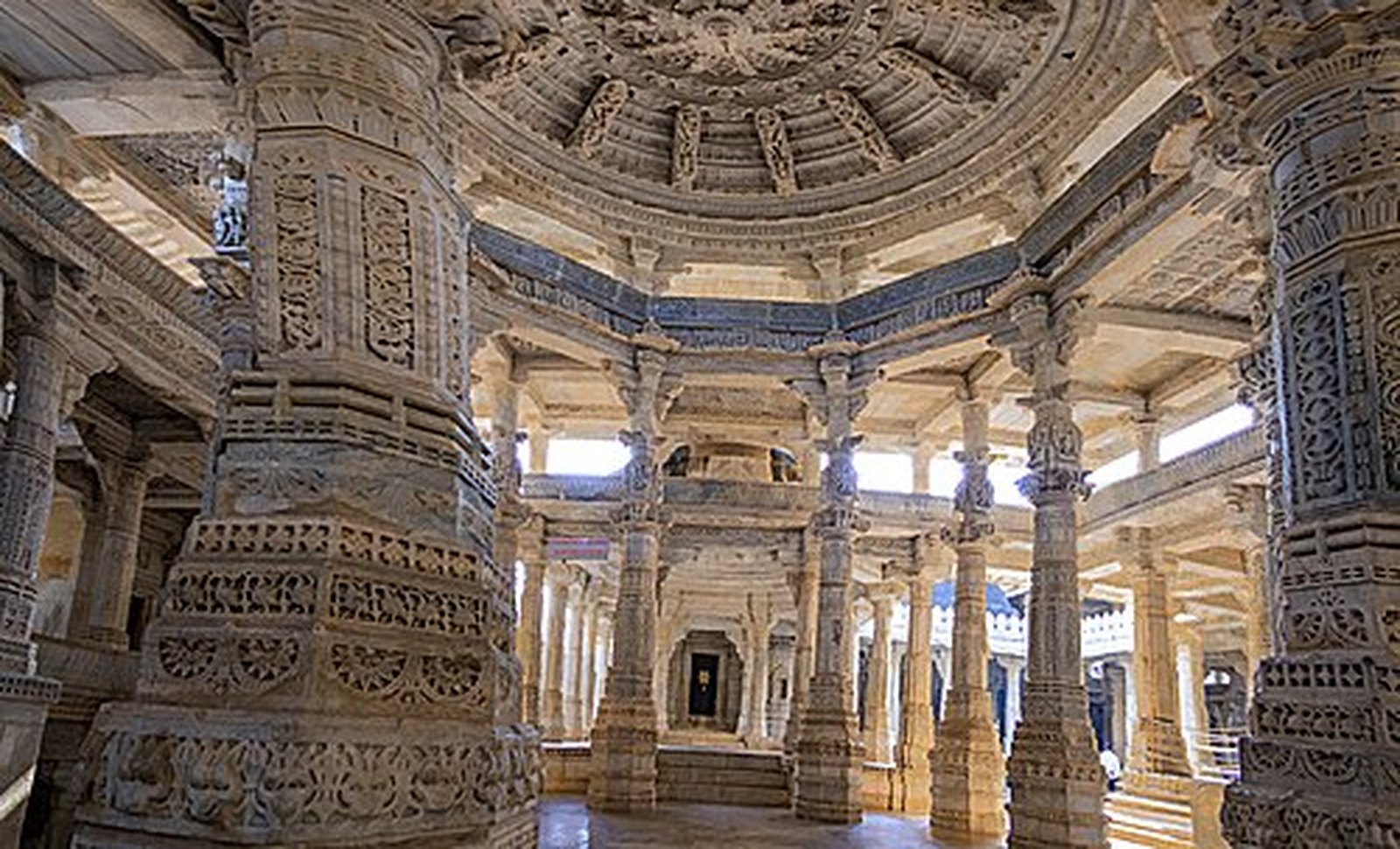 Forest of carved marble pillars inside Ranakpur Jain Temple