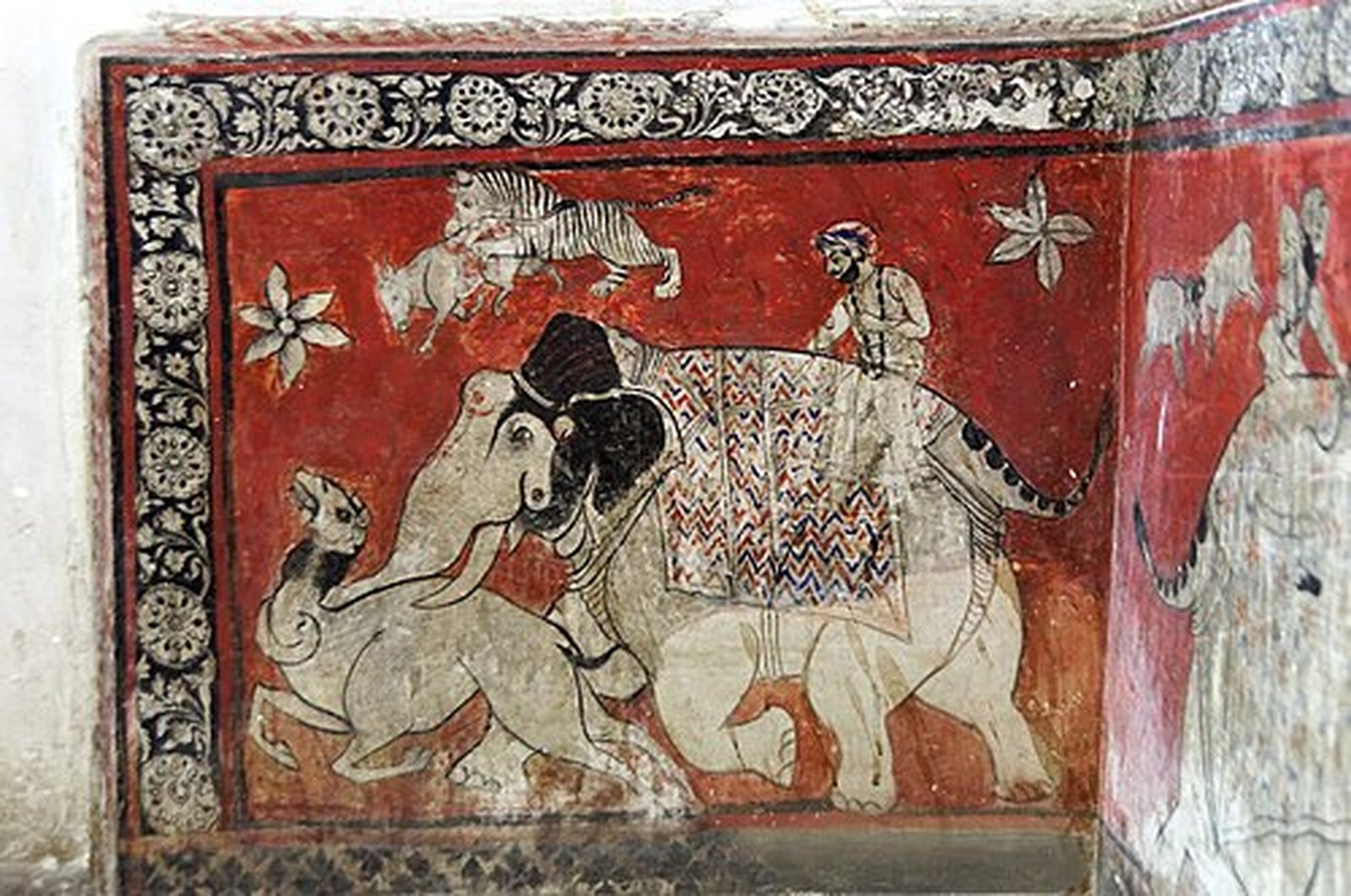 Elephant fresco painted on a lime-plastered wall in Bagore Ki Haveli