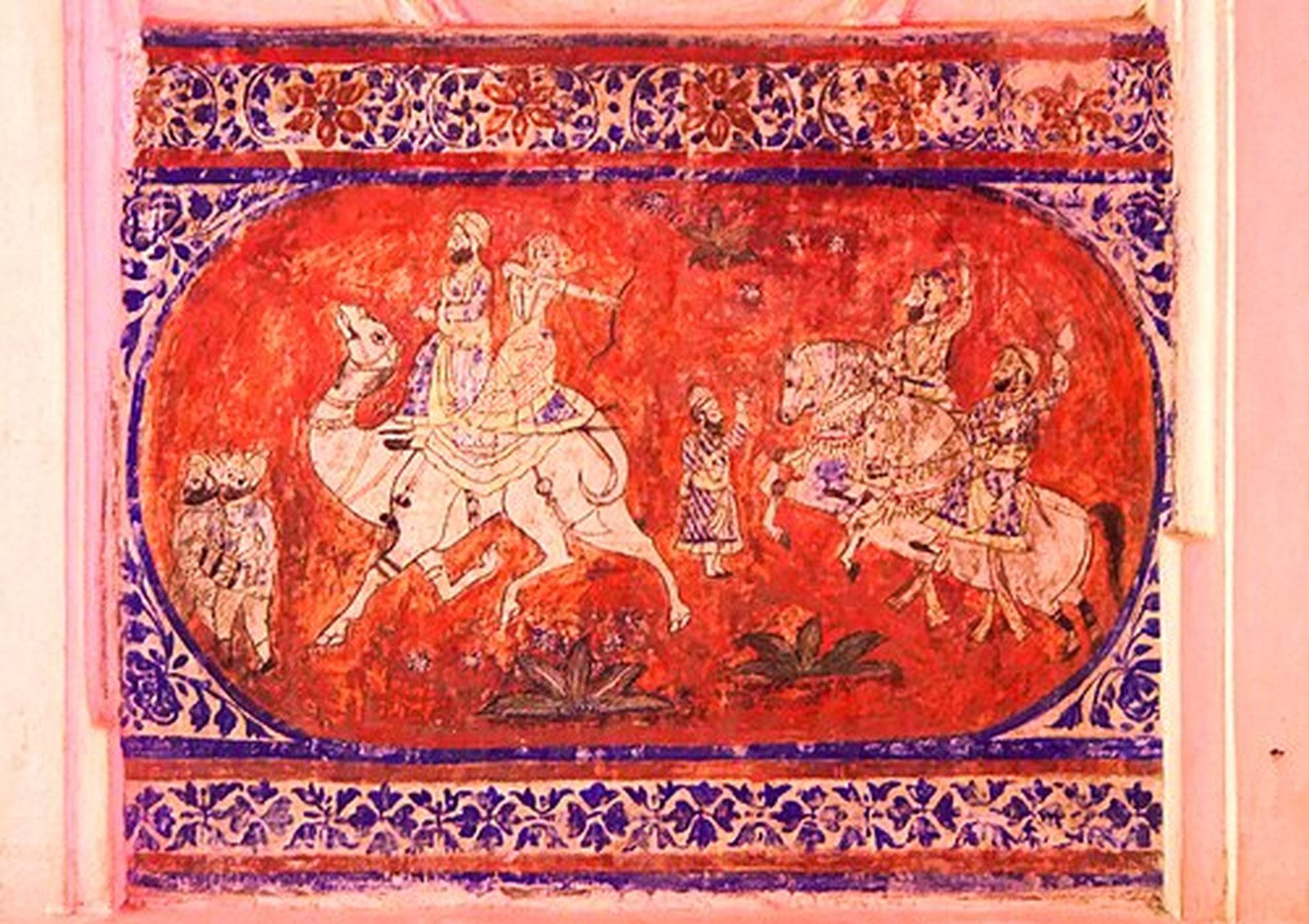 Fresco of horse riders in a decorative medallion, Bagore Ki Haveli