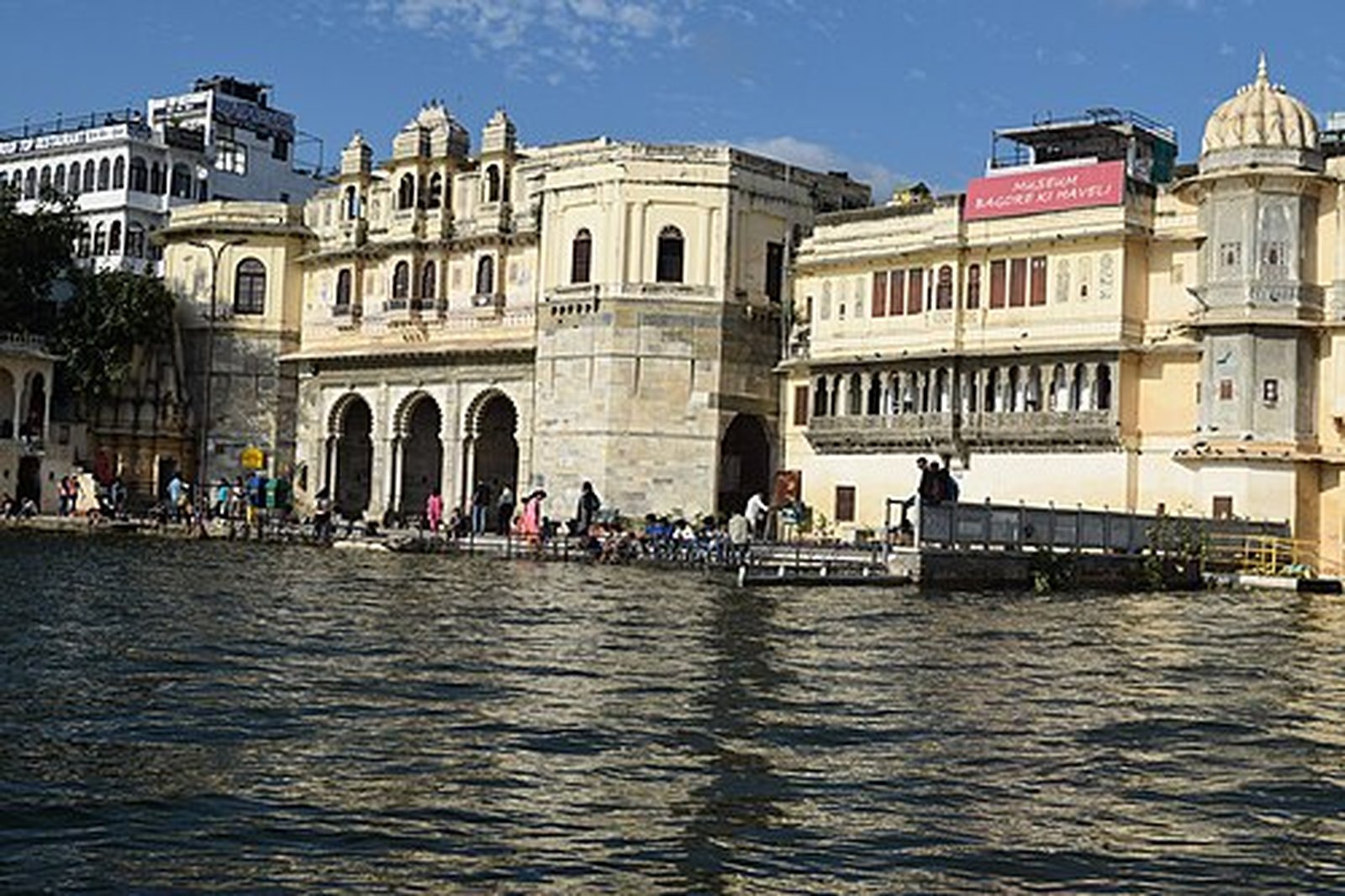 Bagore Ki Haveli and its arched ghat seen from Lake Pichola
