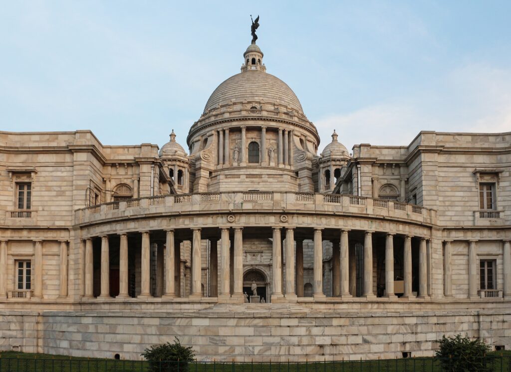The white marble Victoria Memorial in Kolkata seen from its western gardens