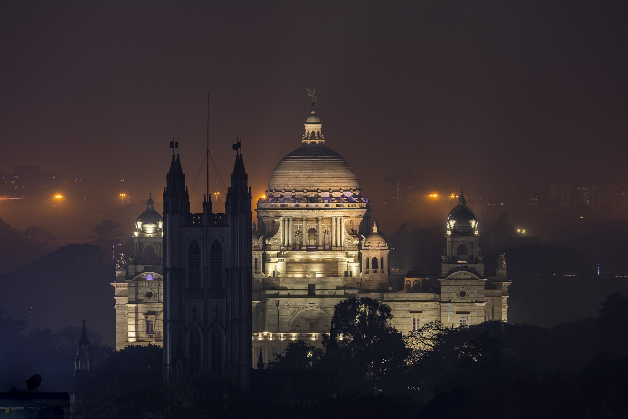 Victoria Memorial lit up at night